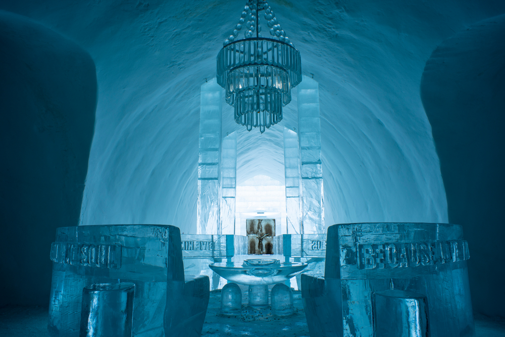 Jukkasjarvi, Sweden - April 2020: Icehotel in Jukkasjarvi beautiful art suite and individual themed accommodation near Kiruna in Swedish Lapland.
