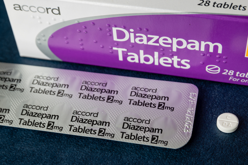 LONDON, UK – SEPTEMBER 1, 2020: Box and blister pack of diazepam 2mg tablets for disorders including anxiety, seizures, insomnia and withdrawal
