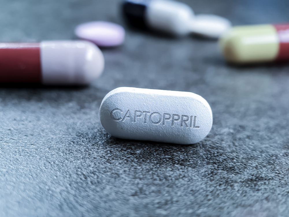 Captopril pill drug angiotensin converting enzyme ACE inhibitor used for treatment of hypertension and congestive heart failure, vasodilation and myocardial infarction