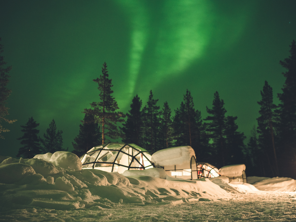 Northern in Lapland - Amazing Green Sky over glass IGLOO around snow and artic trees