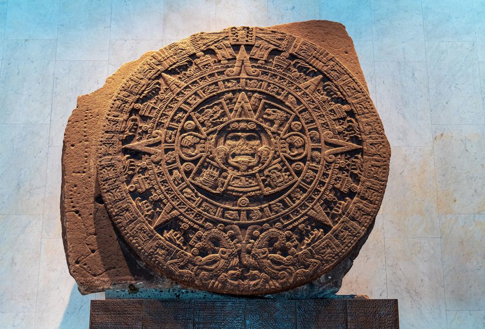 MEXICO CITY, MEXICO - MARCH 24, 2020: Aztec sun calendar monolith excavated in the Zocalo main square of the city.