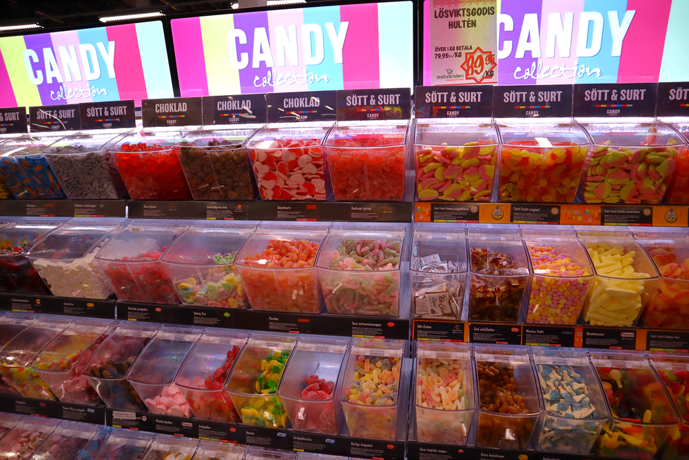 Stockholm, Sweden. June 10, 2021. Candy collection. Many flavors and choices. Inside a typical Swedish store. Self service. Candy for Saturday.