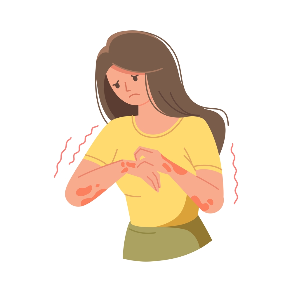 Unhappy suffering woman scratching the skin on her hand. Various skin problems, such as allergies, psoriasis, itching, atopic dermatitis, eczema, dryness, redness. Virus disease and eczema concept