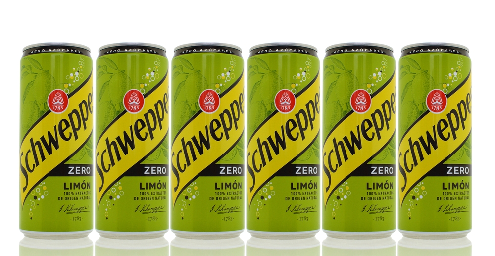 Alicante, Spain - August 26, 2022: Zero Limon (No Sugar Lime) 100 percent natural ingredients is a Schweppes brand product is a non alcoholic carbonated beverage.