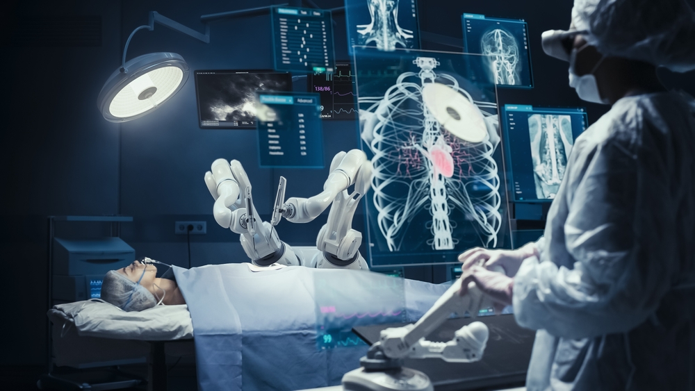 Surgeon Wearing AR Headsets And Using High-Precision Remote Controlled Robot Arms To Operate On Patient In Hospital. Doctor Controlling Robotic Limbs, Observing Organs On Holographic VFX Displays.
