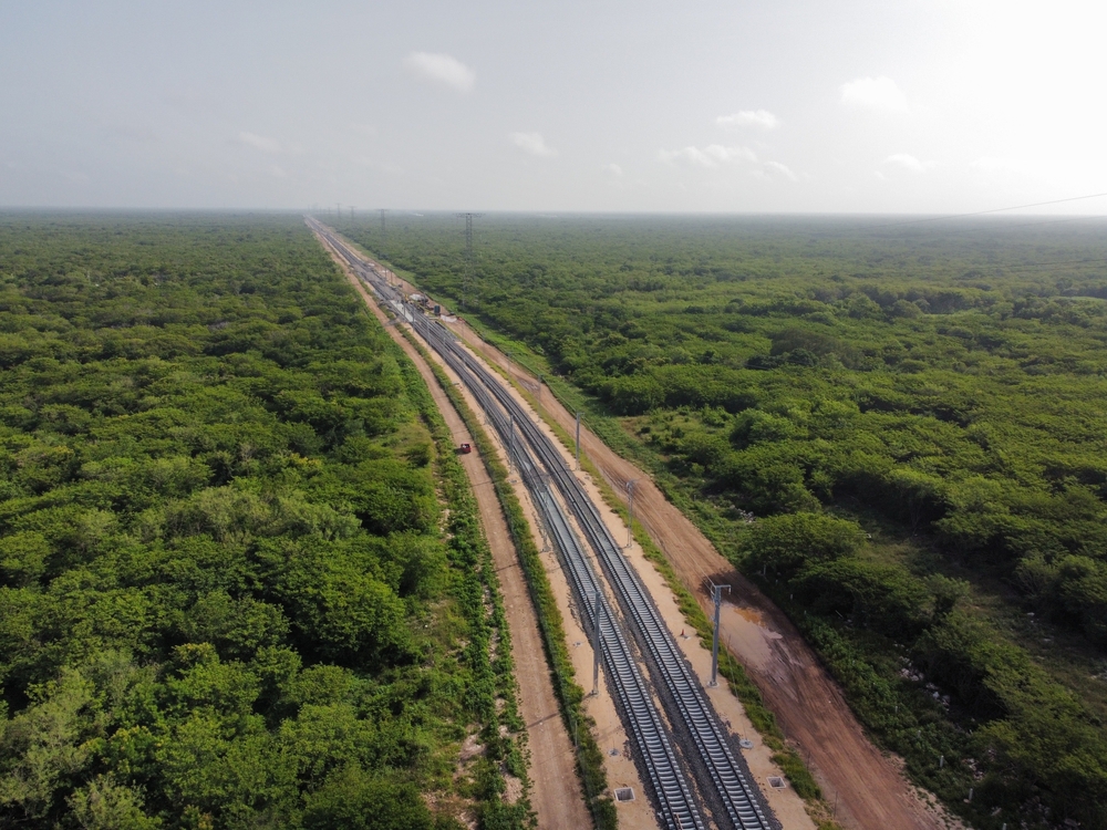 Aerial Yucatan tren maya train green construction trees rail