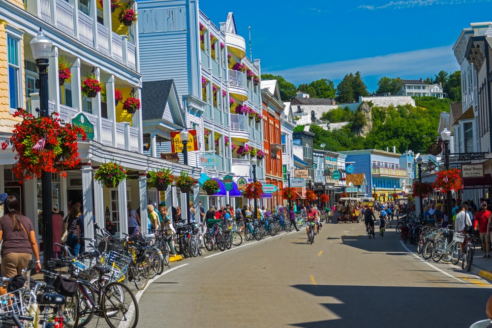 Crowded street view of Mackinaw Island Michigan during the busy tourist season. Created 07.08.23