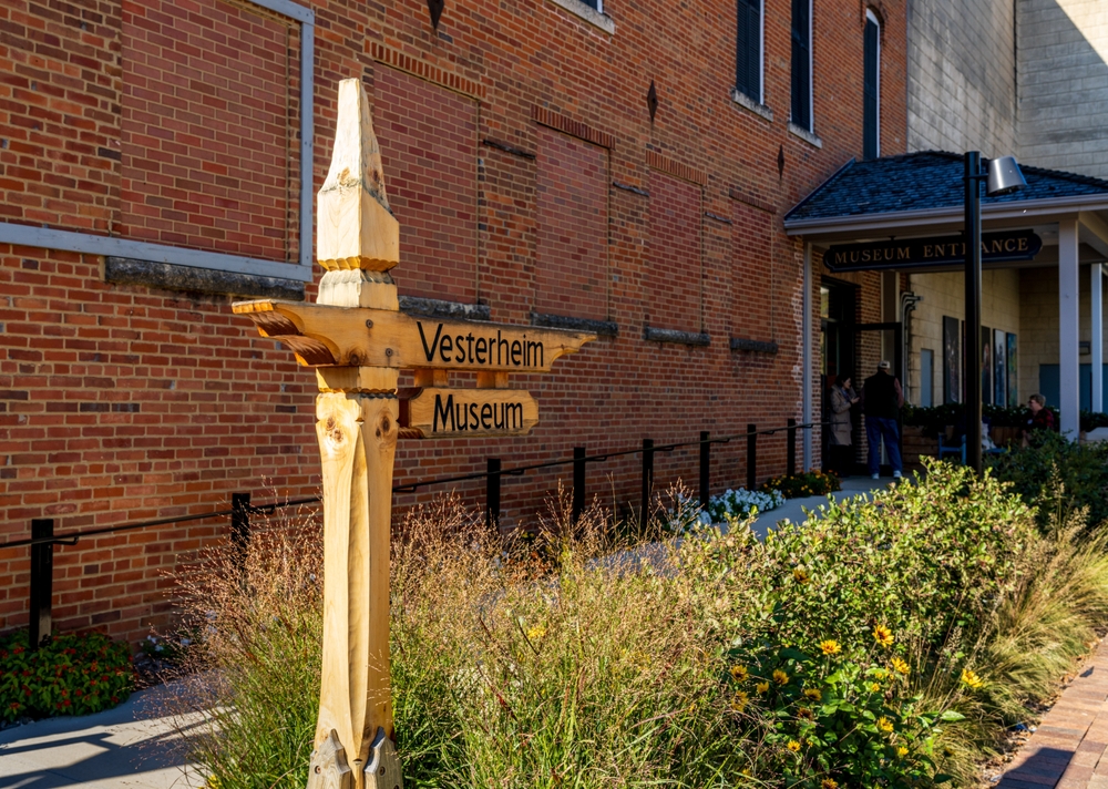 Decorah, IA - 16 October 2023: Sign to entrance of main building of the Vesterheim Norwegian American Museum on the town main street in Iowa