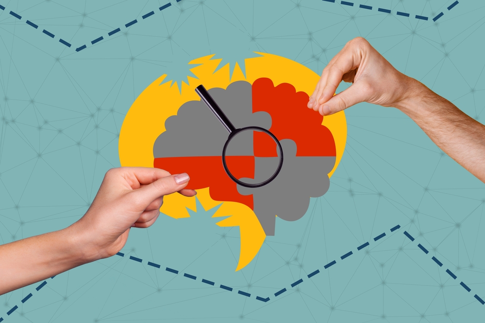 Composite photo collage of hands connect pieces puzzles brainstorm magnifying glass lupe dementia disease isolated on painted background