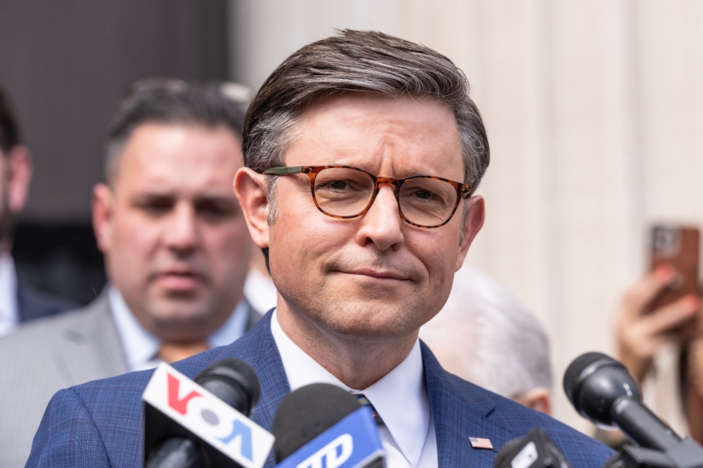 US House Speaker Mike Johnson speaks during a press briefing at Columbia University in New York on April 24, 2024.