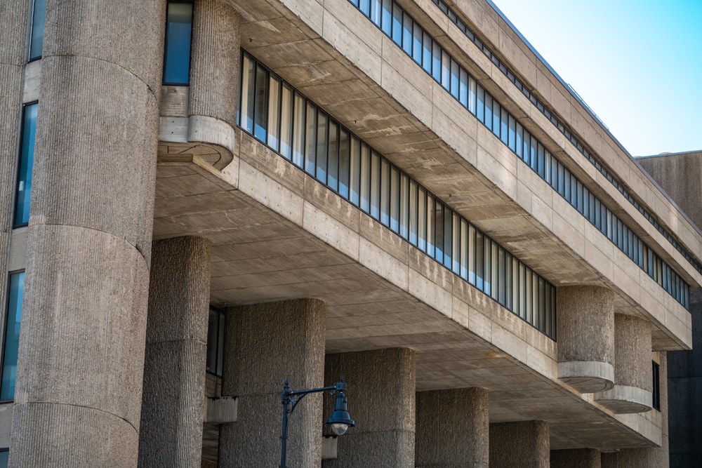 BOSTON, MA - July 4, 2022: Detail from Boston Government Service Center, a state government complex designed in Brutalist style.