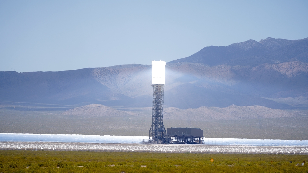Towers and mirrors, heliostats of the Ivanpah generating station. Concentrated solar power plant, Mojave desert, USA
