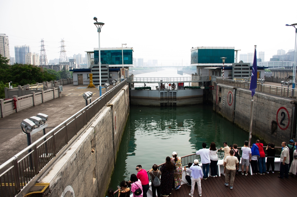 Traffic boat door navigation lock of Three Gorges Dam and spillways ship lift for chinese people travelers travel vessel journey passed Sanxia Daba Reservoirs to Yichang on May 8, 2024 in Hubei, China