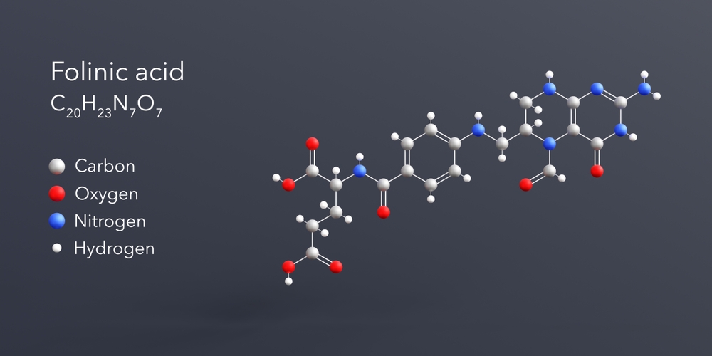 folinic acid molecule 3d rendering, flat molecular structure with chemical formula and atoms color coding