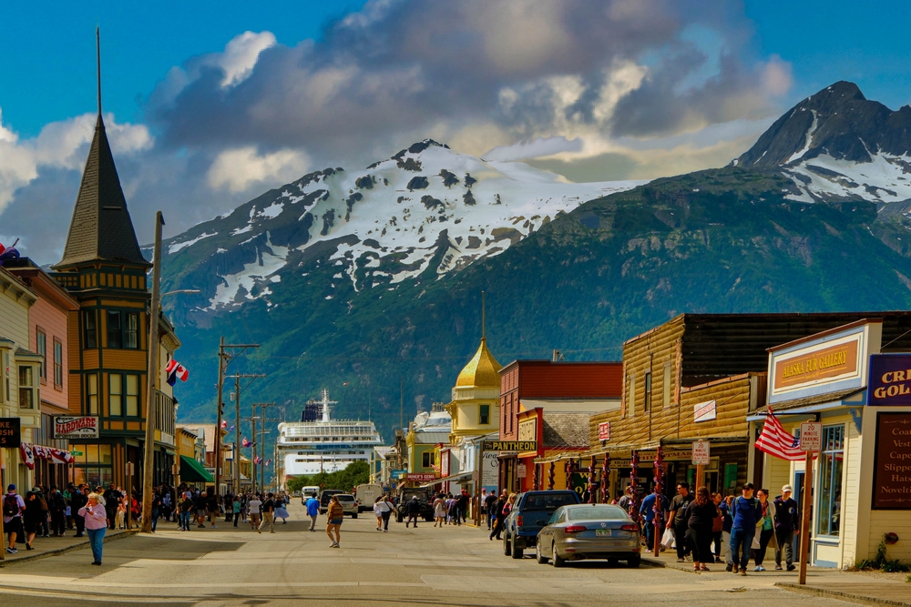 SKAGWAY, ALASKA - July 9, 2023: Skagway is a borough in Alaska with a full time population of about 1,000 people. During the summer, cruise ships bring in more than 900,000 visitors.