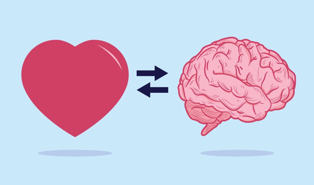 Emotional Intelligence - Heart and brain symbol controlling feelings and emotions with logical thinking, empathy or social skill, self control or balance concept. Flat design vector illustration