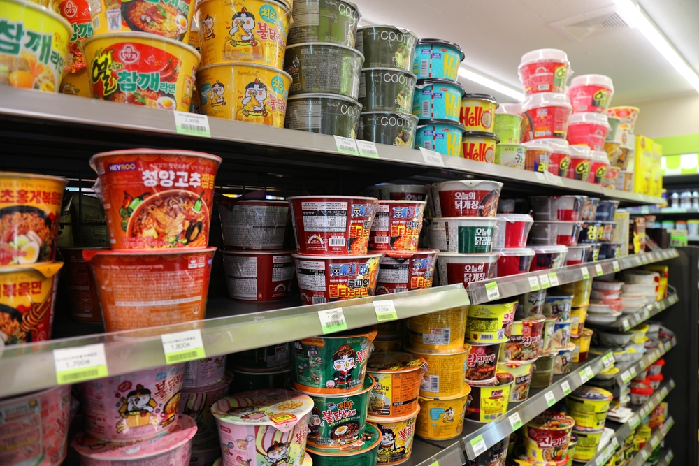 ULSAN, SOUTH KOREA - MARCH 28, 2023: Instant noodles choice in a convenience store in Ulsan, South Korea.