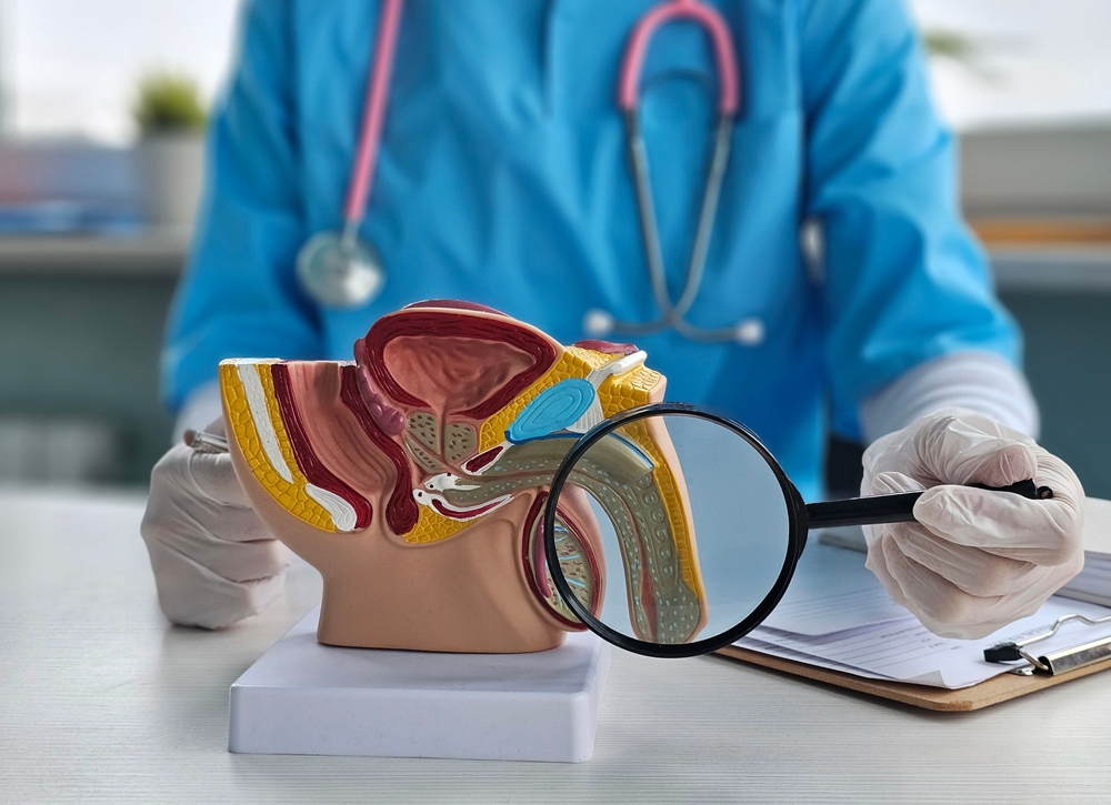 Anatomical model of the human reproductive system using a magnifying glass. Prostate penis enlargement