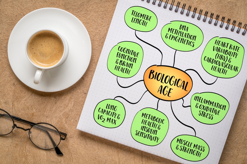 Key indicators of biological age which measures how well body functions compared to the average person of your chronological age. Infographics sketch.