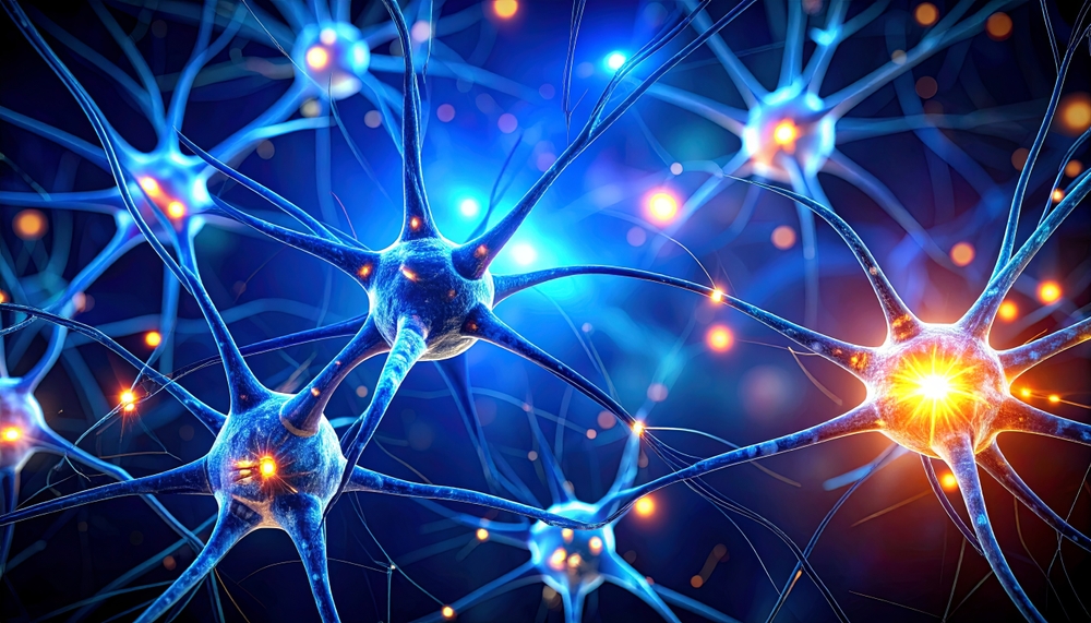 Illustration of neurons, highlighting their complex structure with dendrites and axons, representing neural communication and brain function, 3D illustration