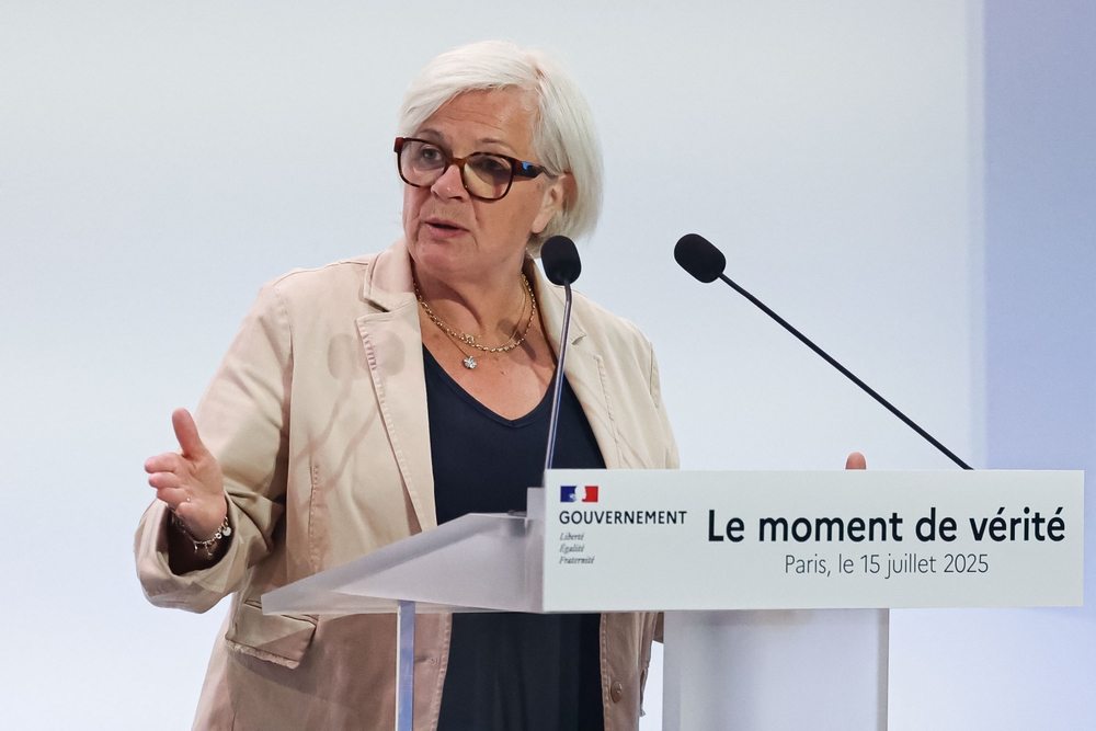 Paris, France, 15-07-2025 : Catherine Vautrin, Minister of Labor, Health, Solidarity, and Families, during the press conference in Paris to present the 2026 budget proposal.