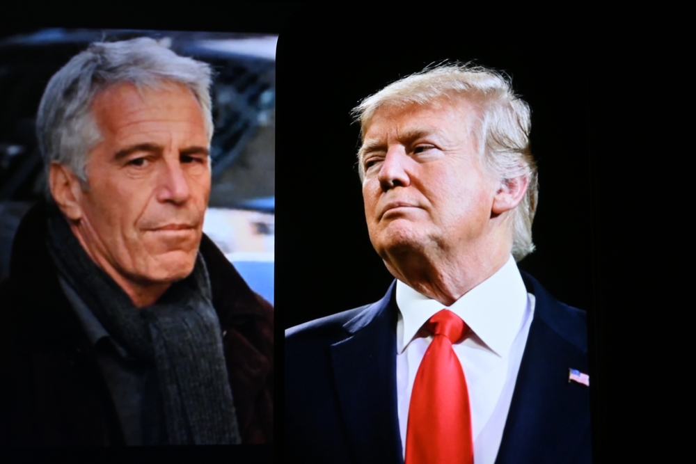 Conceptual editorial image showing U.S. President Donald Trump and Jeffrey Epstein on the screen. For editorial use only. New York U.S 27.07.2025 