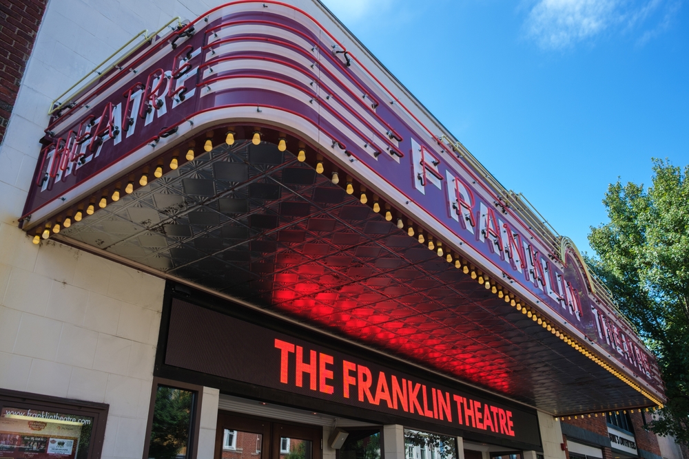 Franklin, Tennessee USA - August 11, 2025: Vintage Franklin Theatre along Main Street in the historic downtown district of this popular small town near Nashville