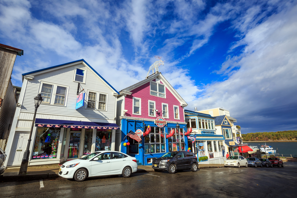 BAR HARBOR-OCT 17: Bar Harbor architecture in downtown near Frenchman Bay in Maine, USA on October 17, 2015.
