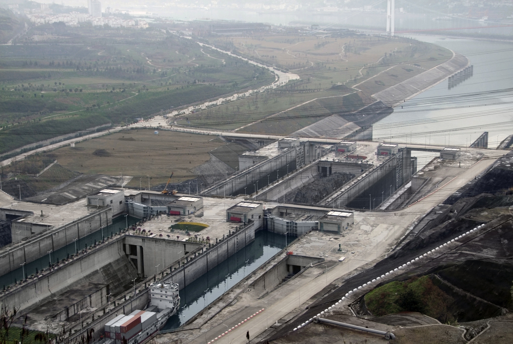 high angle view showing the Three Gorges Dam at Yangtze River in China at evening time in misty ambiance