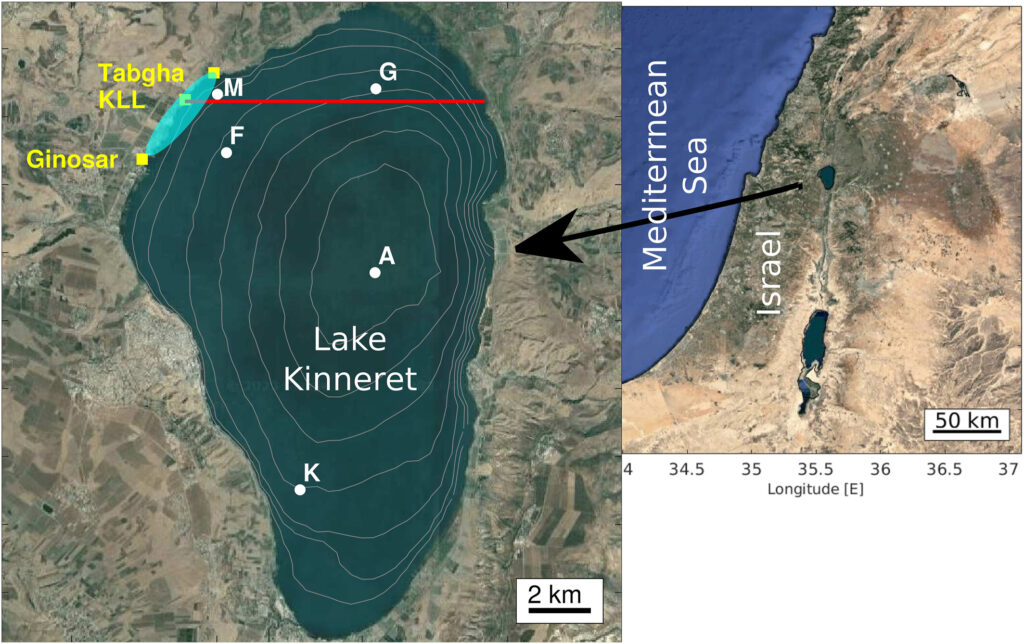Satellite map of Lake Kinneret (Sea of Galilee) marked with research monitoring stations and depth contours, positioned within the broader regional geography of Israel.