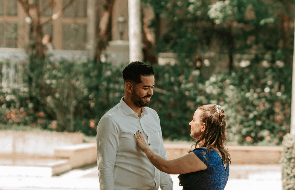 A Woman Touching a Man Chest