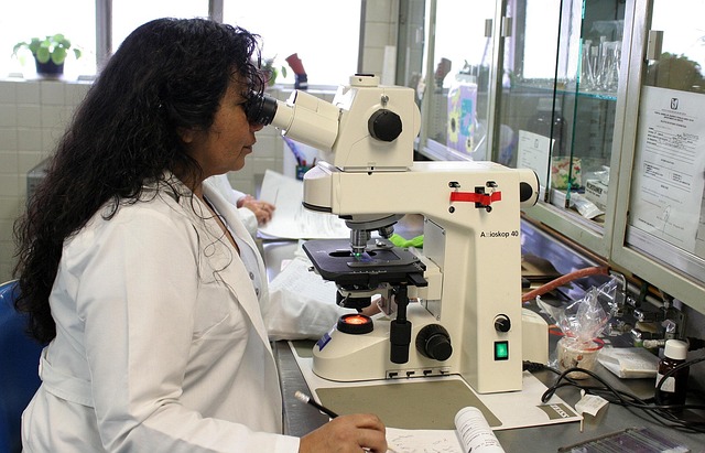 a researcher looking through a microscope