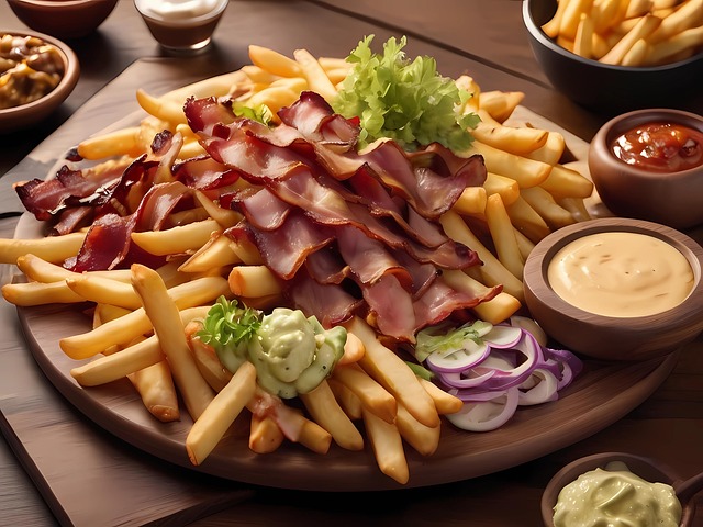 large plate of bacon and fries