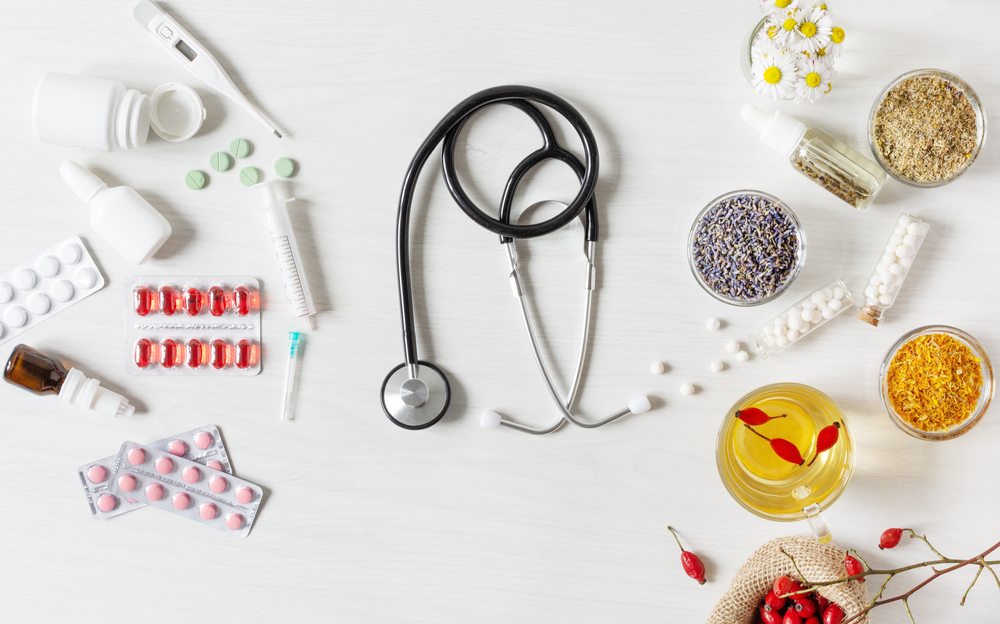 A different drug vs traditional medicine mind. Various treatment is the highest view of a white wooden layer.