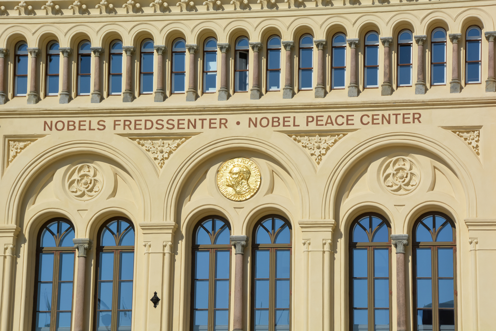 Oslo, Norway - May 2020; Close up part of the facade of Nobels Fredssenter (Nobel Peace Center)