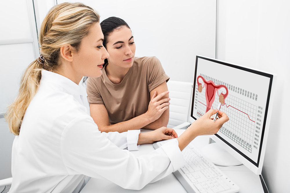 gynecologist communicates with her patient, indicating the menstrual cycle on the monitor. The reproductive specialist calculated the period of ovulation for the patient