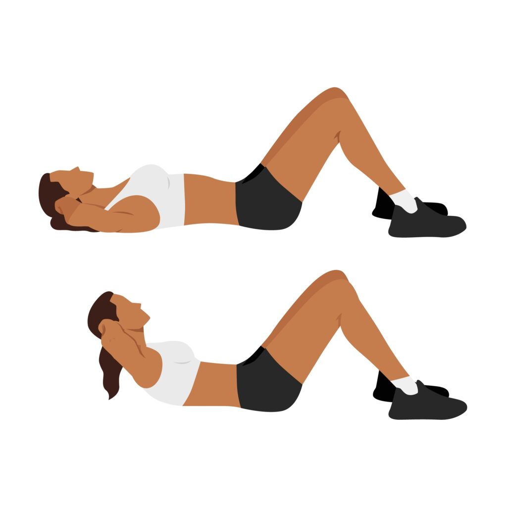 Woman doing crunches flat vector illustration isolated on white background