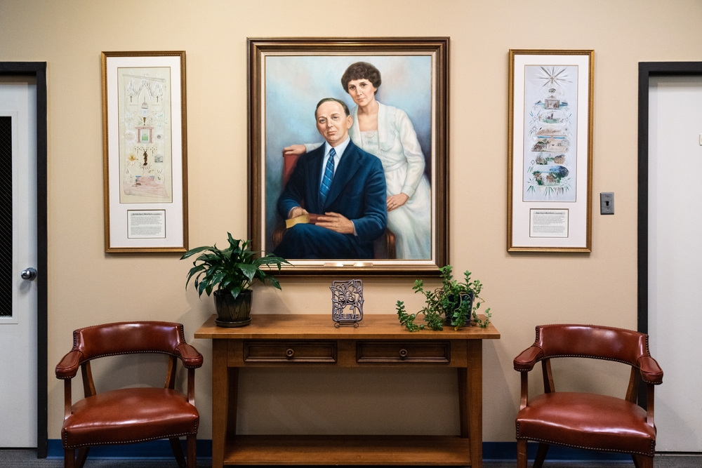 Virginia Beach, VA, USA - May 29 2022 - Edgar Cayce and wife Gertrude Evans painting in A.R.E. Library Lobby.