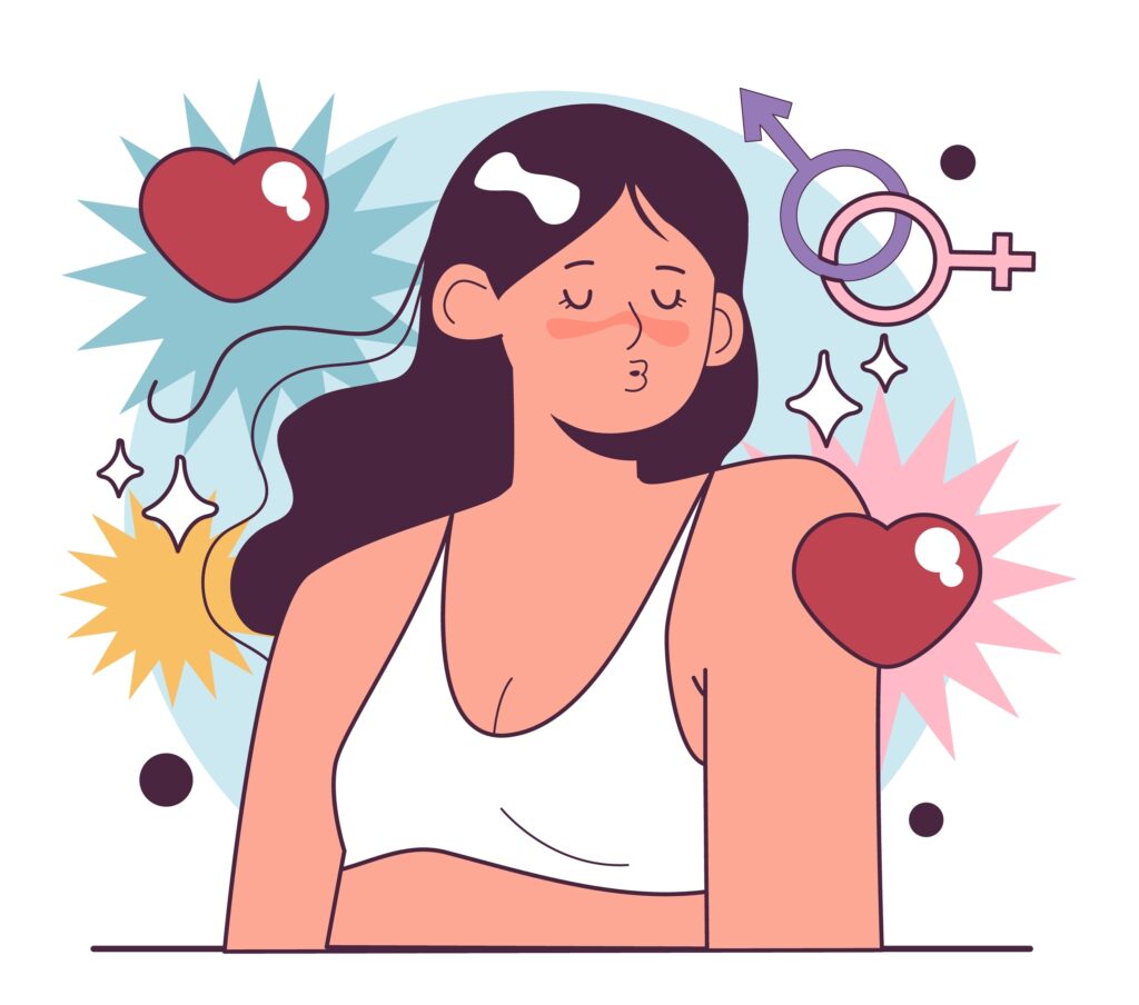 Woman's intimate health and self care. Love and sexual empowerment. Sensuality and pleasure concept. Flat vector illustration