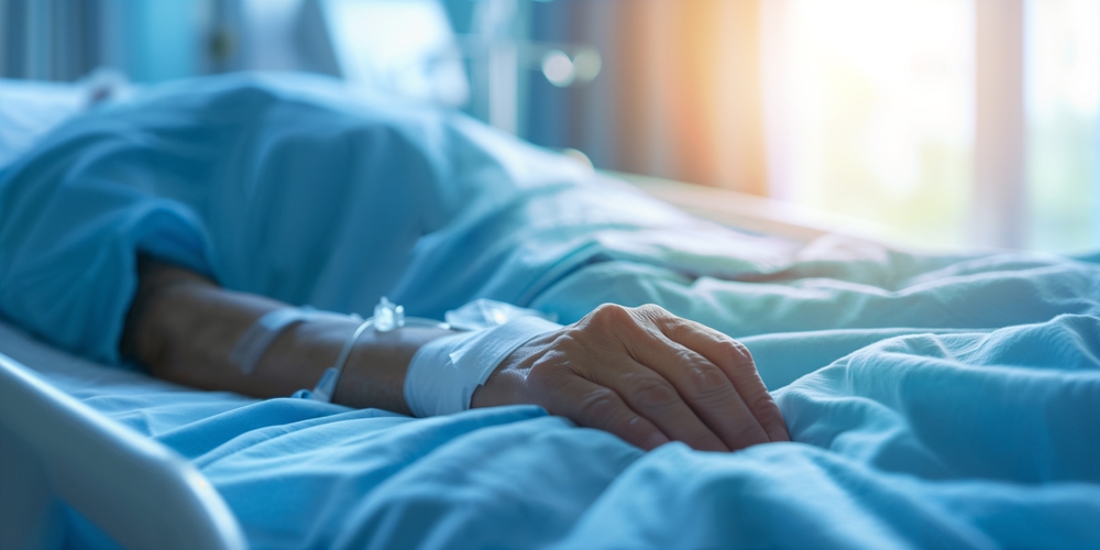 Calculated arm closure with IV drit on the bed of the hospital