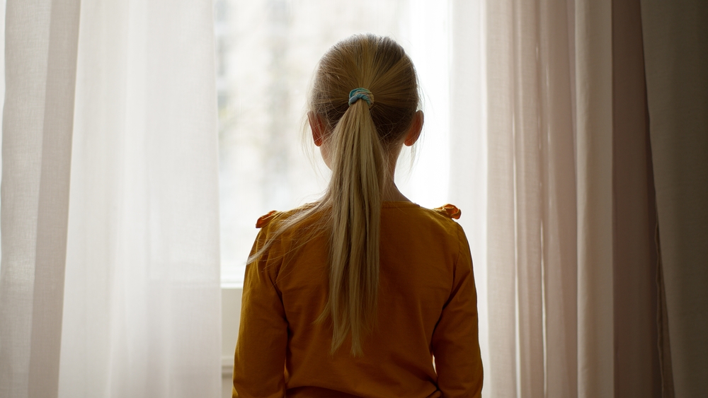 Back view little girl looking out window turn around leave child kid baby childhood toddler watching home lonely bored unrecognizable morning daughter contemplation thinking kindergarten sad preschool