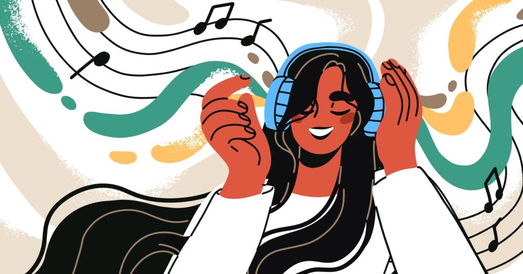 A Music Lover who enjoys the sound in the head. Happy young black woman listening to song on headphones, favorite sound track. The smiling girl is inspired by the melody, soundtrack. Flat vector illustration