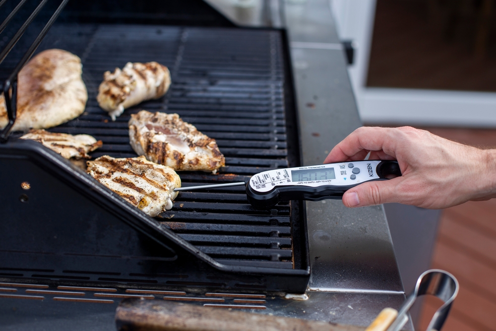 Missouri Valley, Iowa United States, United States June 14, 2025 Digital thermometer checks the temperature of a roast chicken