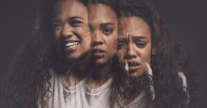 African, woman and depression with double exposure for mental health, bipolar war and schizophrenia. Girl, identity crisis and psychology change of reflection, trauma conflict and dark background