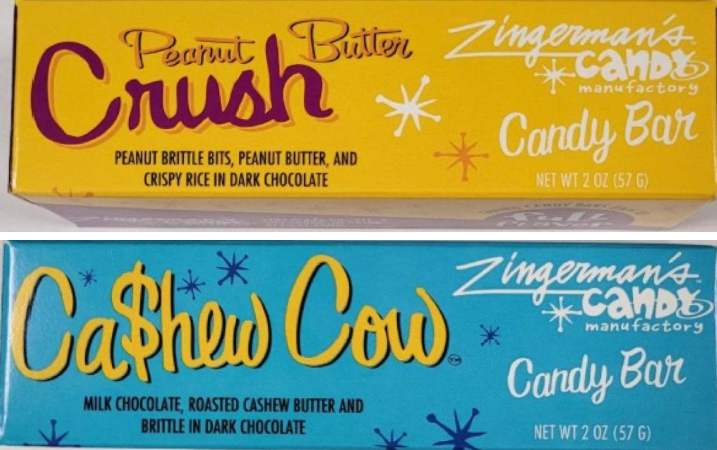 Two Zingerman's candy bars. Peanut Butter Crush with peanut brittle bits and crispy rice in dark chocolate. Cashew Cow with milk chocolate, roasted cashew butter, and brittle in dark chocolate.
