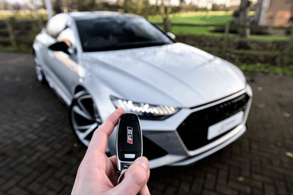 hand holding key for new car blurred in background