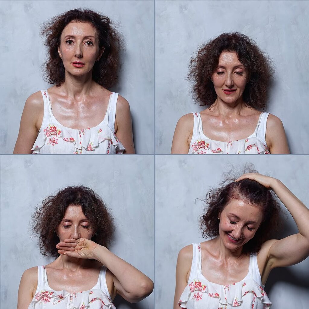older woman with hand against head and mouth in 4 frames