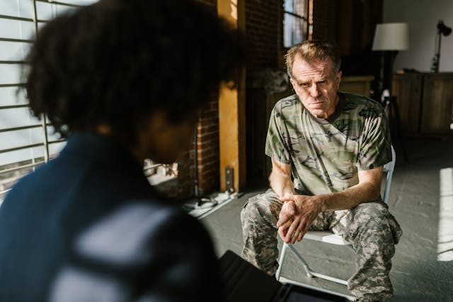 man and woman talking