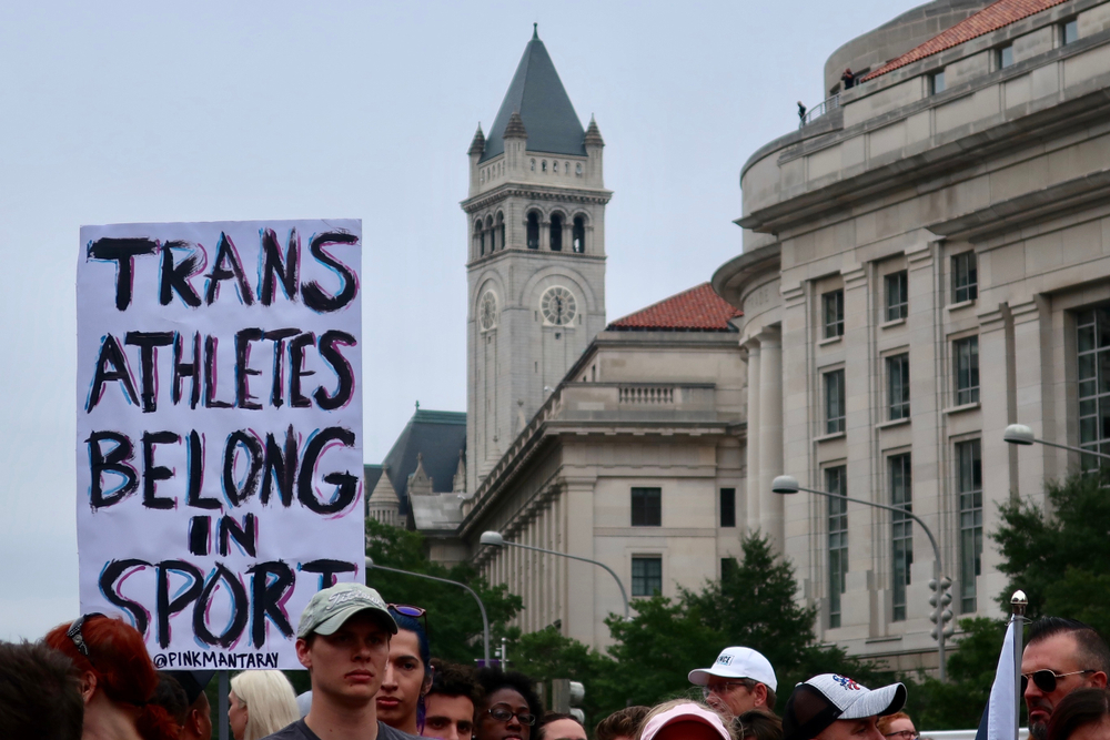 WASHINGTON - SEPTEMBER 28, 2019:  NATIONAL TRANS VISIBILITY MARCH ON DC - sign Trans Athletes Belong in Sport