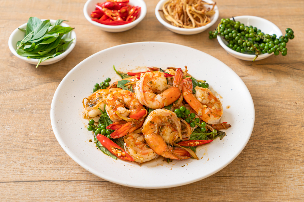 stir fried holy basil with shrimps and herb - Asian food style